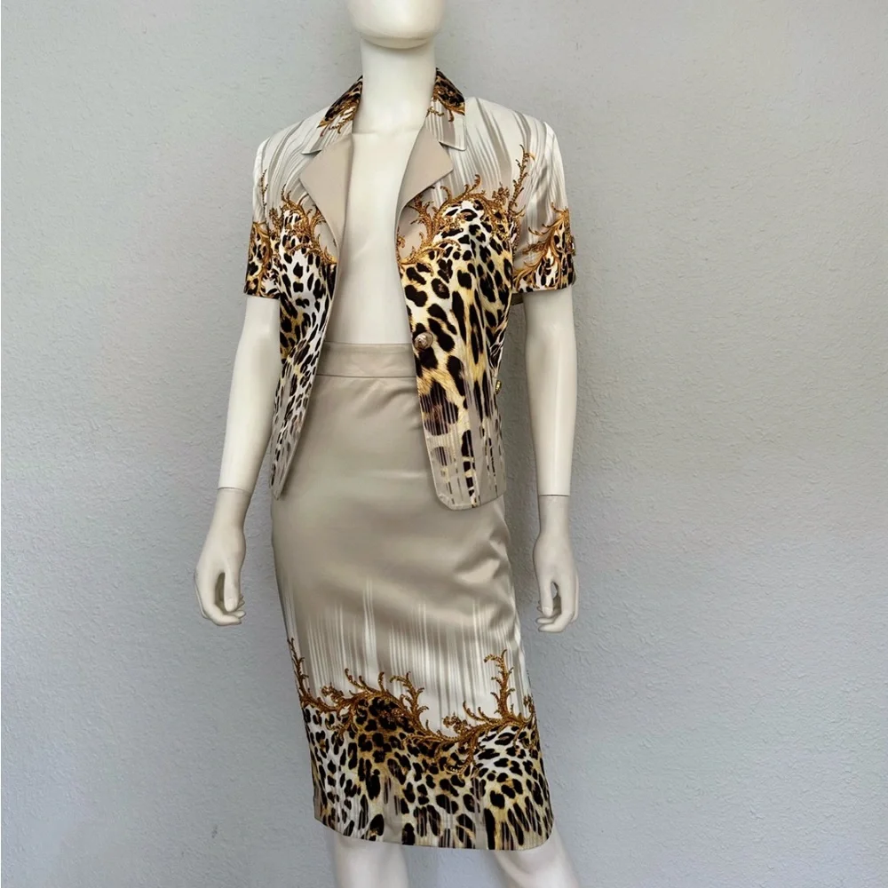 POLEN POE‎ SATIN SKIRT SUIT SET JACKET/SKIRT ANIMAL PRINT SHORT SLEEVES FORMAL